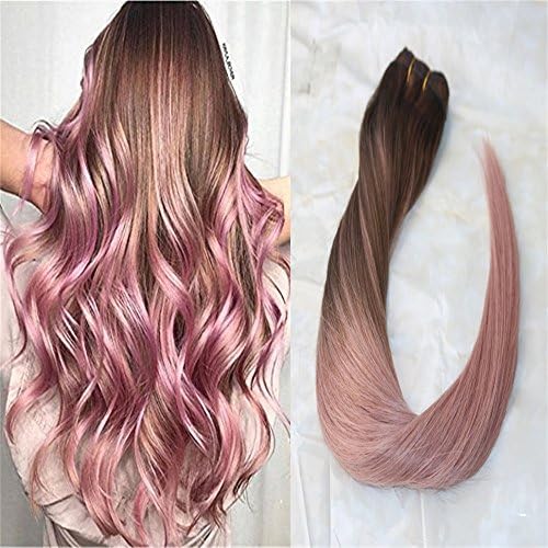 HairDancing 18inch Double Weft Human Hair Weaving Brazilian Real Human Hair Bundles Brown and Rose Golden Ombre Balayage Color 100Gram One Bundle Pink Hair Extensions