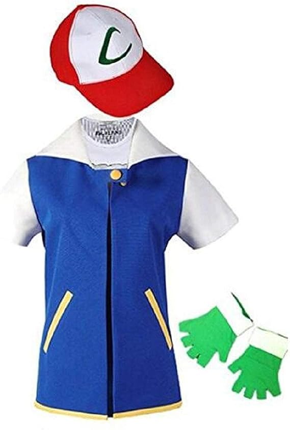 XiaoYuer Adult Kids Ash Ketchum Cosplay Costume Jacket Gloves Hat Set