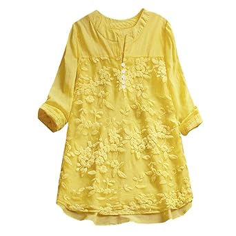 JURTEE Damen Bluse, V-Ausschnitt Langarm Spitze Floral Lose Tops Lässige Plain T-Shirt Einfarbig Leinenbluse Sommer Bluse