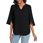 LYANER Women's Notch V Neck 3/4 Ruffle Split Sleeve Dressy Casual Blouses Shirt Tops