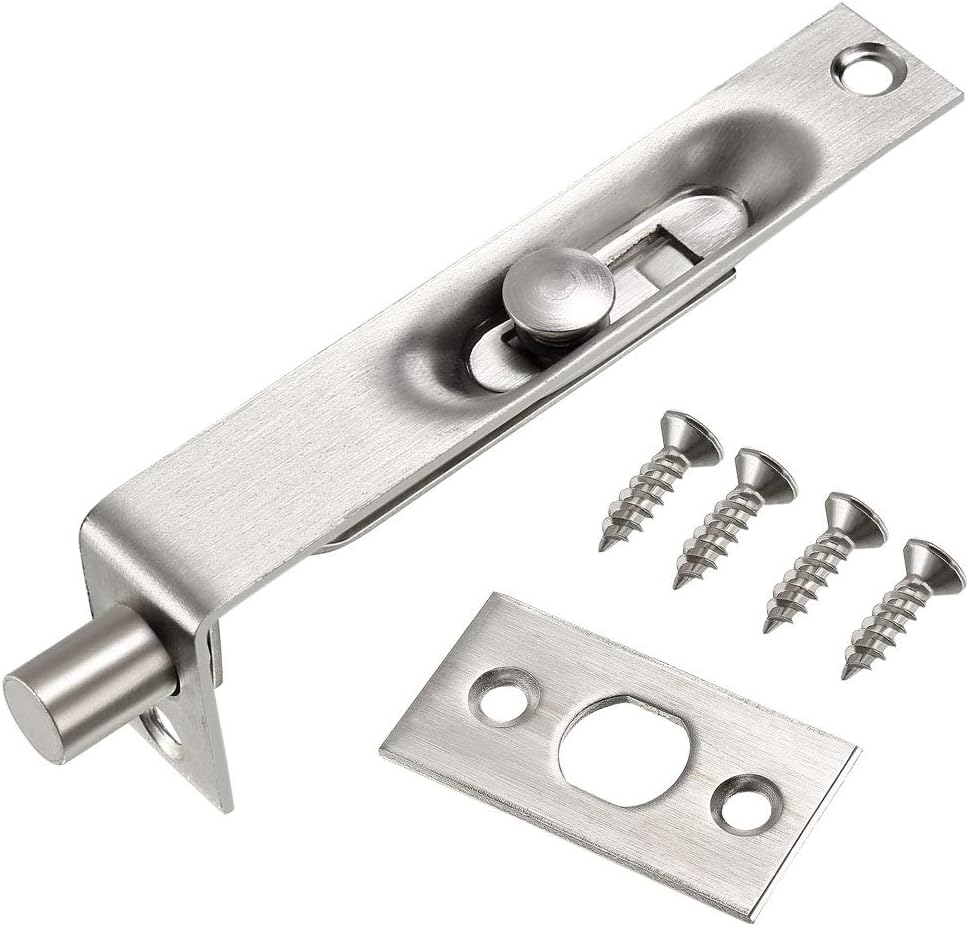 Sourcing Map 4 Inch Stainless Steel Concealed Slide Lock Latch for Wood Composite Doors Double Doors, Silver Tone
