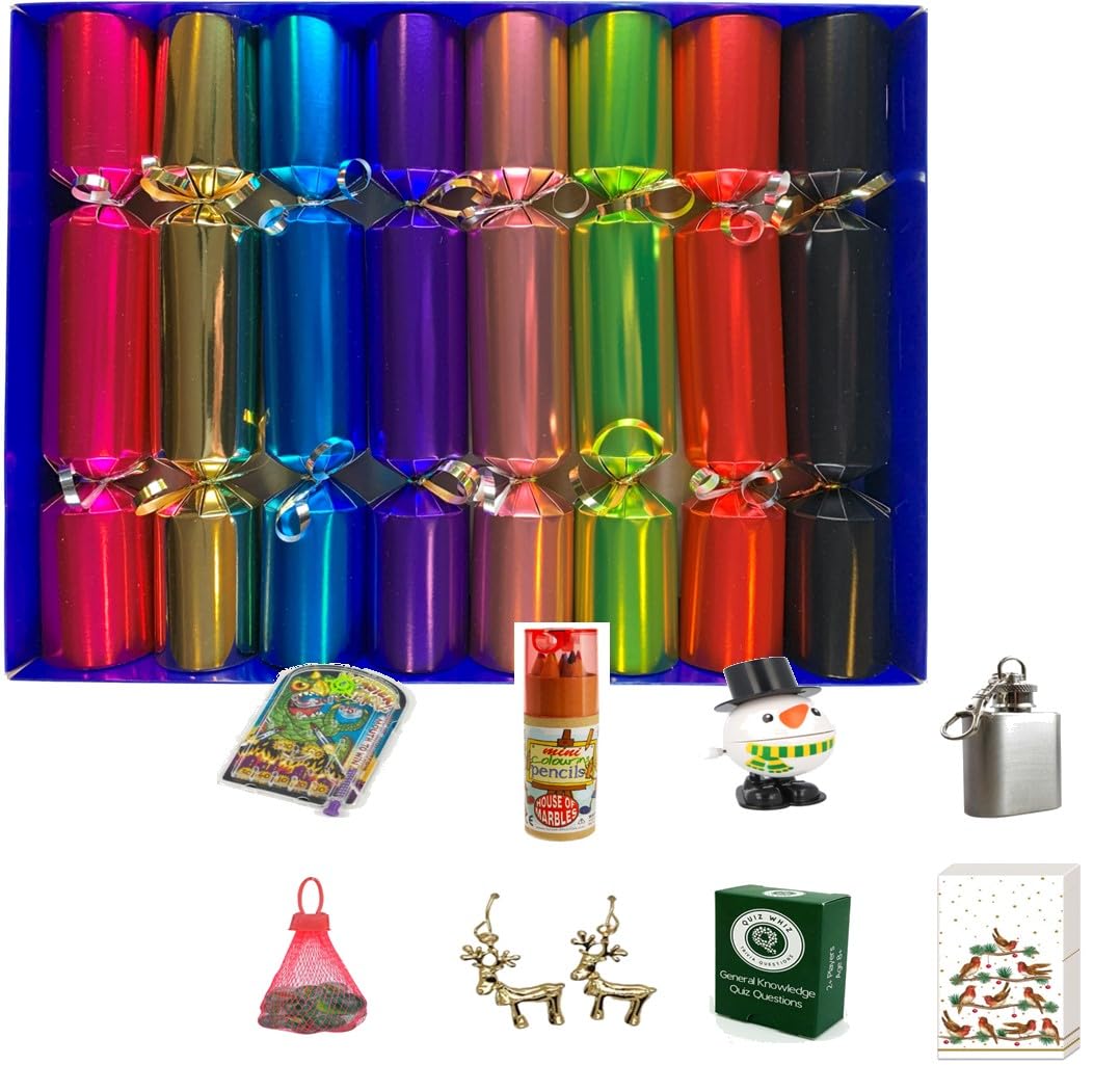 Crackers Ltd Set of 8 Bright Metallic Family Christmas Crackers - hand filled in UK gifts for all the family