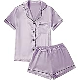 LYANER Women's Satin Pajamas Set Short Sleeve Button Shirt Silky Sleepwear with Shorts Set PJ