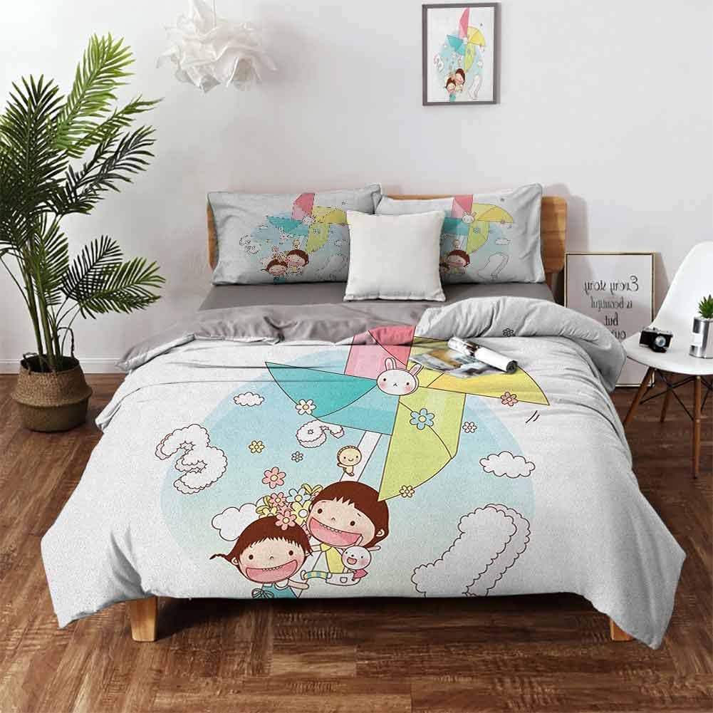 Pinwheel Washed Duvet Cover Set, Happy Kids Holding Giant Pinwheel Playing with Kitty Digital Summer Fun Toys Games 3 Piece (1 Duvet Cover + 2 Pillow Shams) Soft Comfy Breathable - Cal King 104"x98"