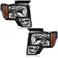 DOTCOM Headlights Assembly, Compatible with 2009-2014 Ford F150 09-14 Headlamp, Driver and Passenger Side, Clear lens Black Housing Amber Reflector(Not Fit Led Style,Only Fit Without Led Style)