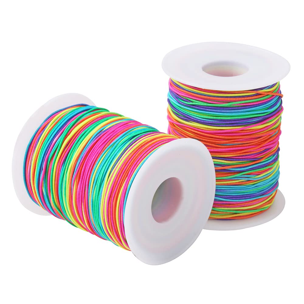 2 Roll 1mm 100 Meters Rainbow Elastic Cord, Colorful Elastic Bracelet String, Stretchy Beading Thread Cord Bracelet String for DIY Jewelry Necklace, Jewelry Making and Crafts (Rubber)