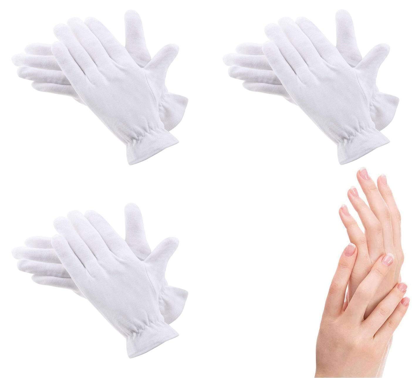 100% Cotton Gloves for Eczema,3 Pairs White Cotton Moisturizing Gloves Over Night Bedtime | Cosmetic Inspection Premium Cloth Quality | Dry Sensitive Irritated Skin Spa Therapy Secure Wristband