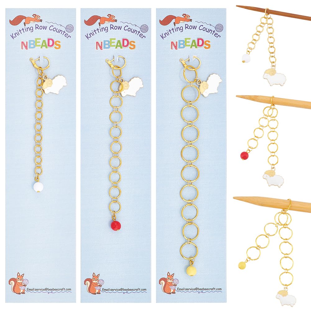 NBEADS 3 Pcs 3 Sizes Sheep Charm Knitting Row Counter Chains, Row Counter Chains with Acrylic Bead and Alloy Enamel Pendant for Knitting Crochet Tracking Project Progress