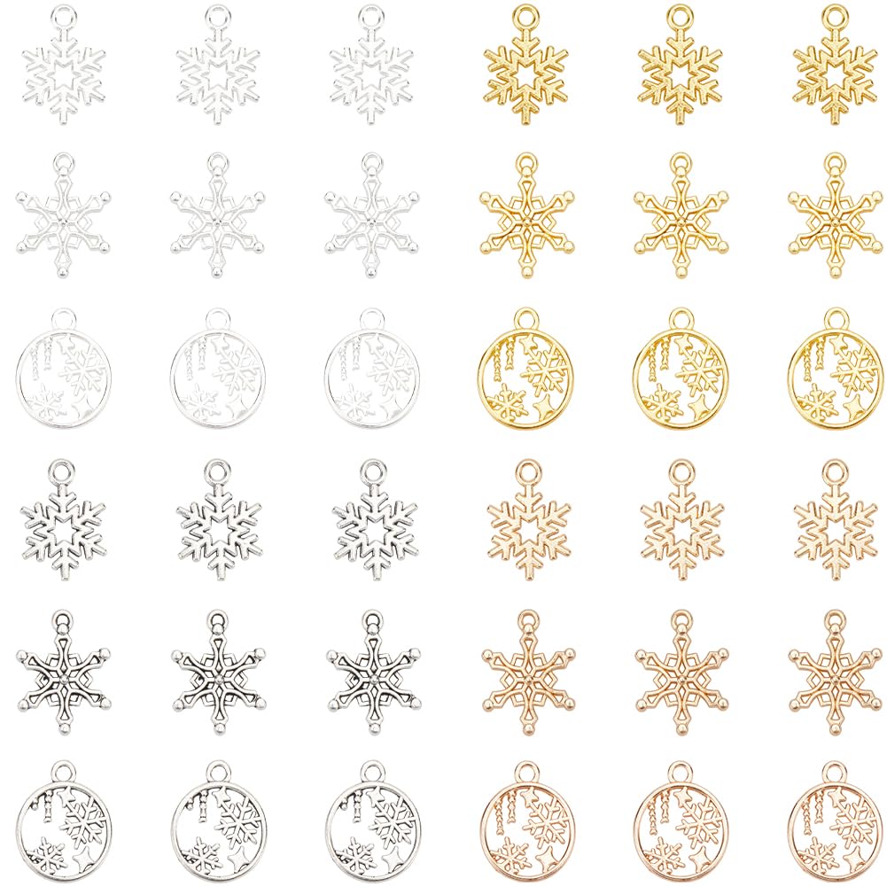 SUNNYCLUE 1 Box 120Pcs Winter Snowflake Charms Gold Christmas Charm Bulk Alloy Antique Silver Holiday Xmas New Year Mini Snow Flake Bead Charms for Jewellery Making Charms DIY Necklace Earrings — image 1