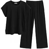 Ekouaer Two Piece Sets for Women Ribbed Short Sleeve Wide Leg Pant Set | Ribbed Texture, Crew Neck Short Sleeve Top, Elastic Waist Wide Leg Pants, Relaxed Fit for Travel, Lounging and Daily Wear