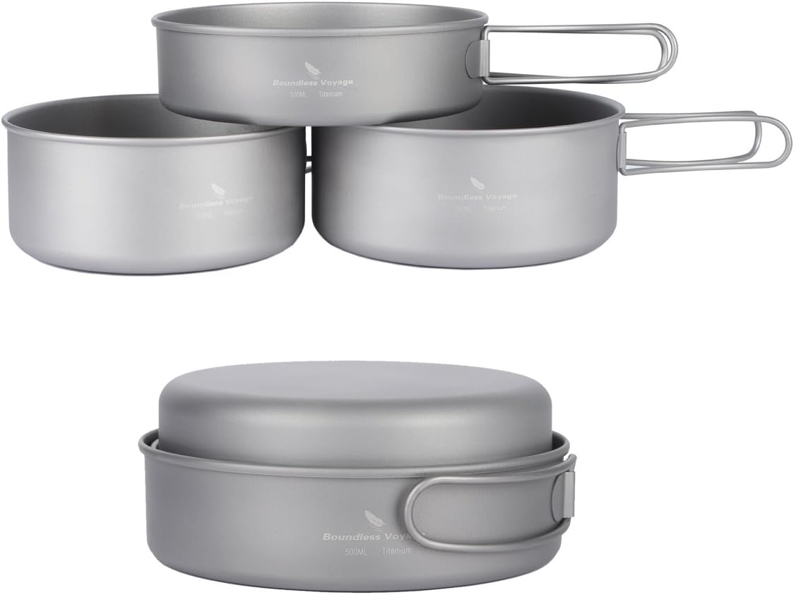 Boundless Voyage Titanium Lightweight 3-Piece Pot Pan Outdoor Camping Hiking Picnic Cookware Set Camping Equipment