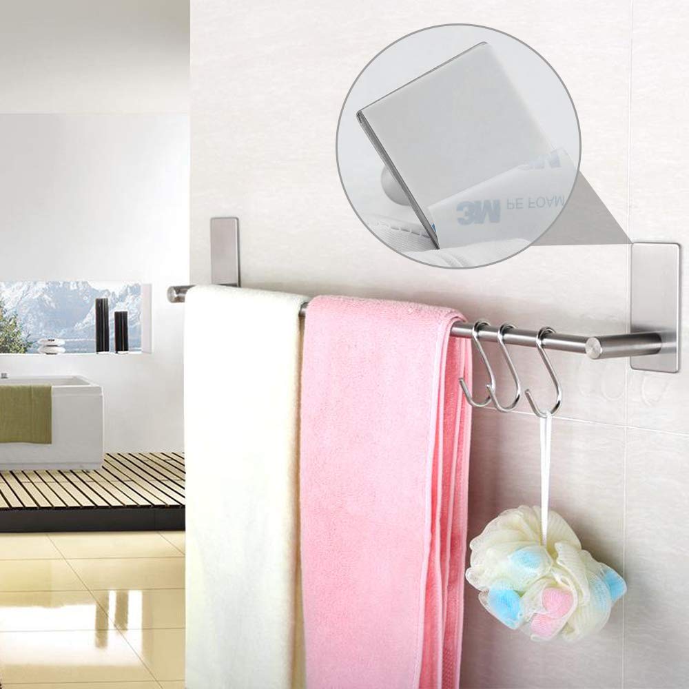 bedee Towel Rail Self Adhesive Towel Bar with 3 Hooks, 40 cm / 15.7 inch Stainless Steel Towel Rack Wall Mounted Towel Holder for Kitchen Bathroom Cupboard