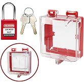 HiLKCO Emergency Stop Push Button Cover Lock with Padlock,Removable Base | Switch Cover Box lockout,High-Strength Resin,button Protector,Transparent,Red,2 Lock Holes, Impact-Resistant