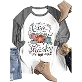 Thanksgiving Give Thanks Shirts Tee Women Halloween Pumpkin 3/4 Sleeve Tee Tops Blouse
