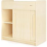 Foundations SafeGlide Daycare Changing Table w/Built-in Shelving, Natural | Durable Wood Construction, Ample Storage, Gliding Doors, Adjustable Safety Strap, Includes Changing Pad