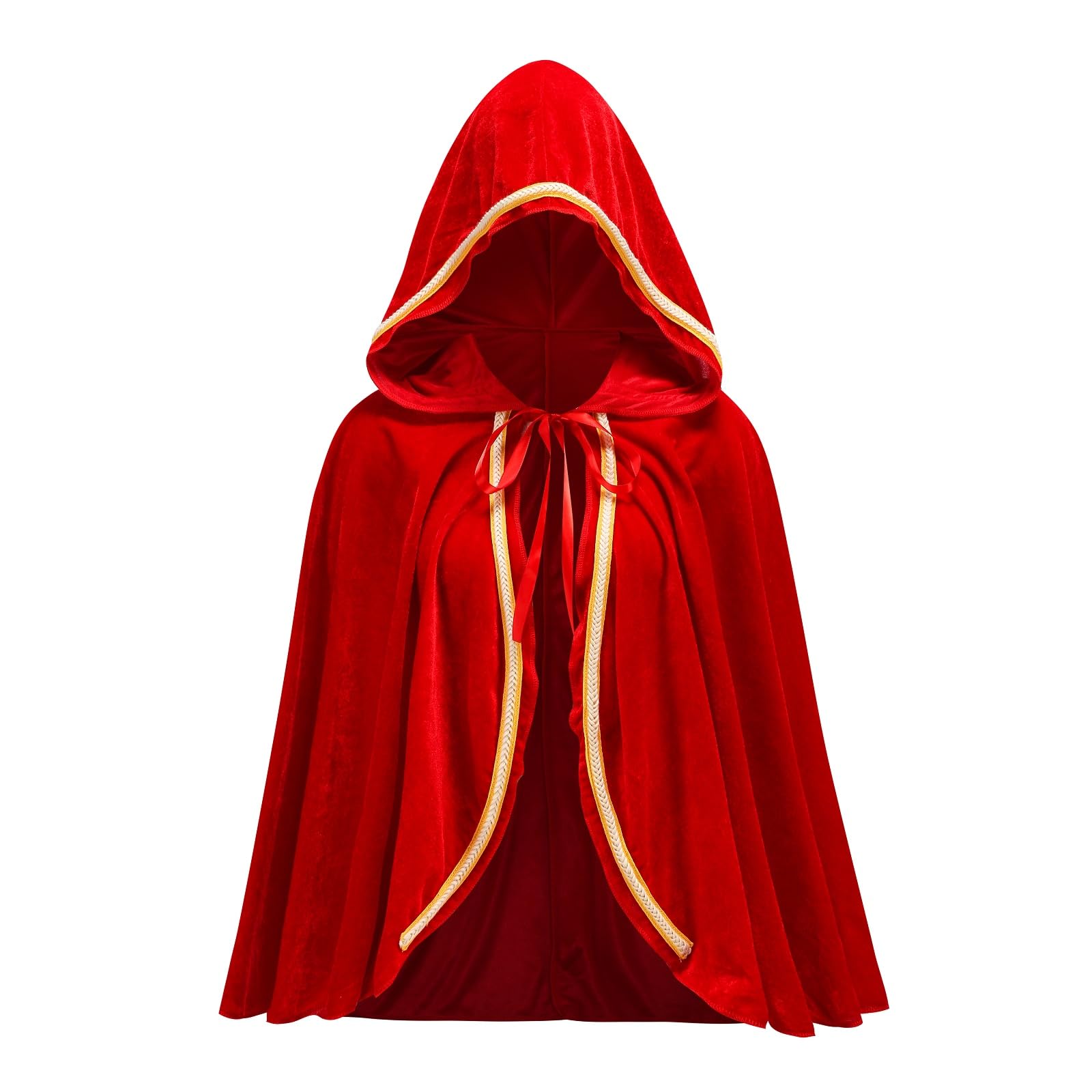 maxToonrain Red Riding Hood Cape Hooded Red Cape Cloak Adult Velvet Little Riding Hood Costumes Fairytale Character Halloween World Book Day Outfit for Women (Gold Trim,60cm)