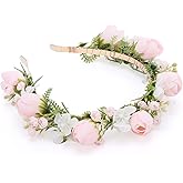 KorViSHOW Fairy Pink Flower Crown, Artificial Boho Rose Floral Headpiece, Adjustable Forest Woodland Flower Headbands for Women Girls Maternity Wedding Renaissance Festival Party Hair Accessories