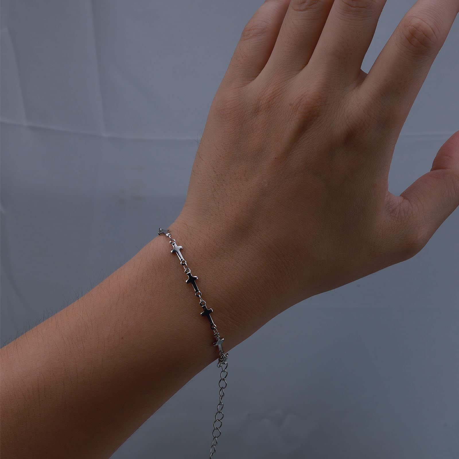 Yienate Cross Bracelet Silver Cross Satellite Chain Wrist Chain Boho Crucifix Station Hand Chain Minimalist Cross Bracelets Jewelry Gifts for Women Girls