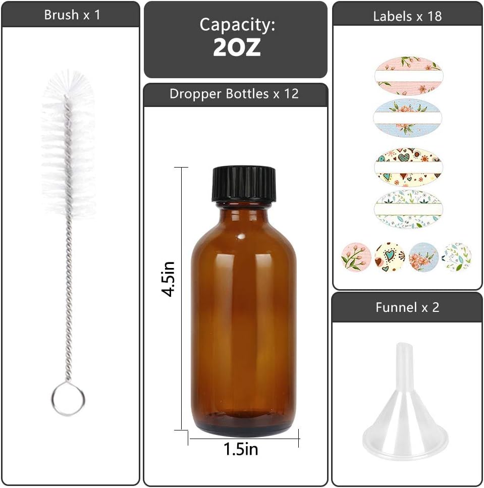 2 oz Glass Boston Bottles with Poly Cone Cap,Brush,Funnels and Labels, Amber Dispensing Bottles for Essential Oils, Chemical Lab,Home, Wedding Decor. Set of 12 Pack.