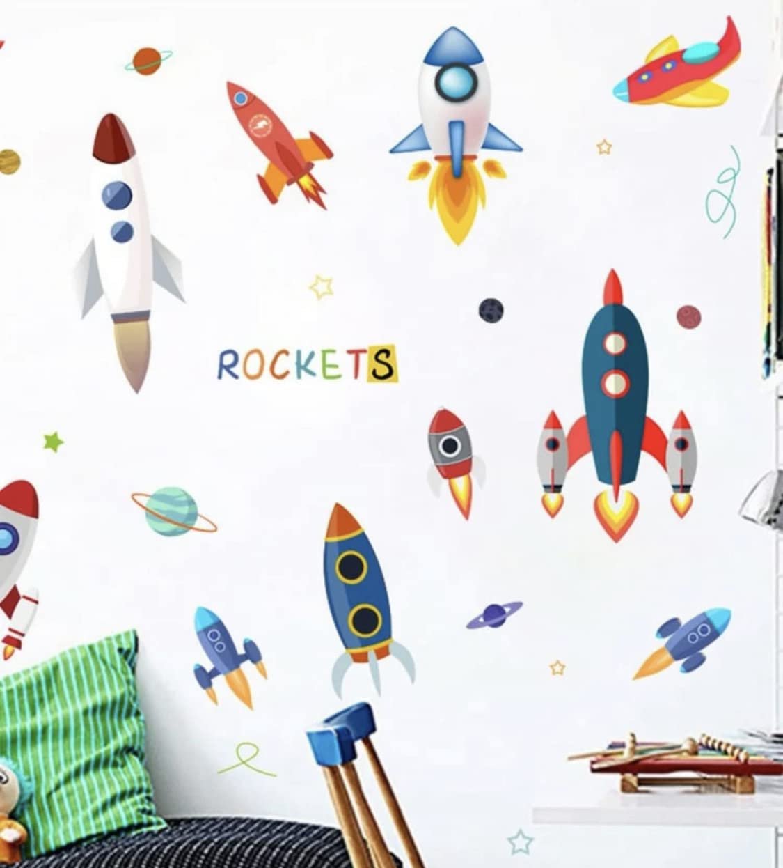 Colorful Rockets Wall Stickers Outer Space Planets Wall Art Decals Wall Decor for Boys Bedroom Nursery