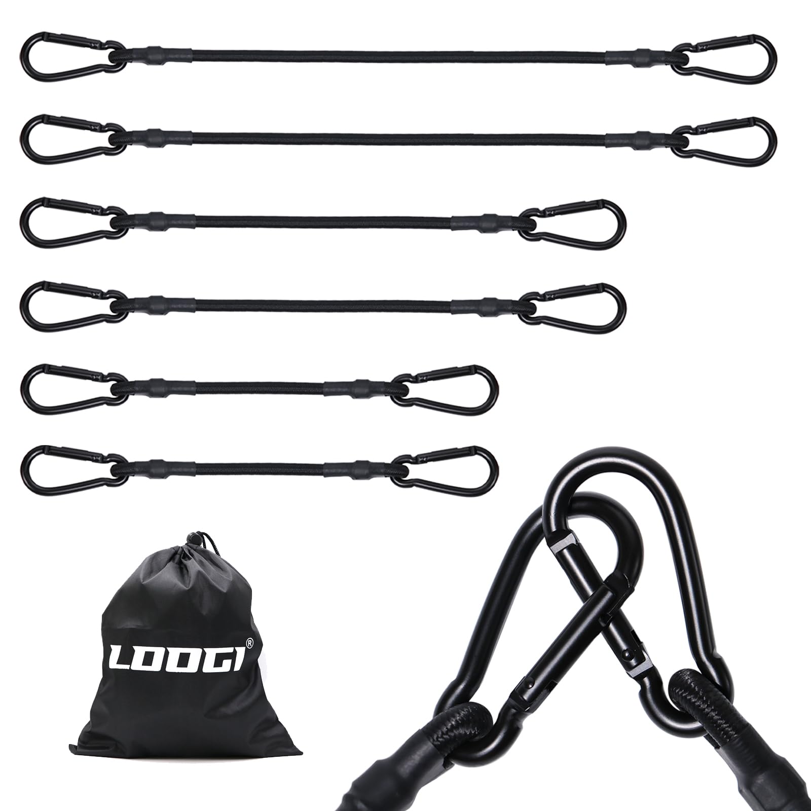 LOOGI Bungee Cords with Carabiner – 2 * 12 Inch, 2 * 24 Inch, 2 * 40 Inch Heavy Duty Long Elastic Straps, Extra Strong Black Bungee Ropes with Hook for Bike Racks, Roof Racks, Luggage, Camping