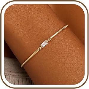 MOYAONE Birthstone Bangle Bracelet for Women Dainty Non Tarnish Bracelets | 14K Gold Plated Bangle, Diamond May Emerald Charm