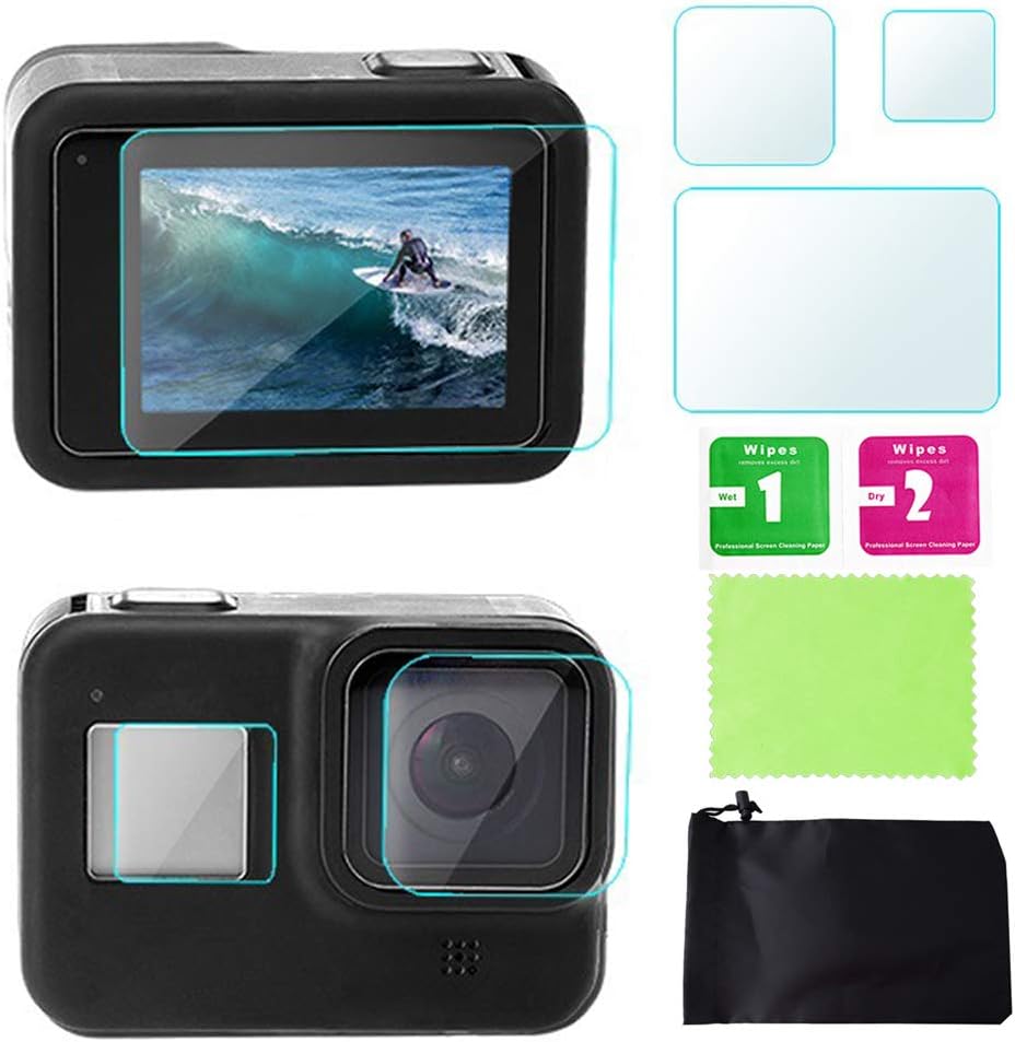 Screen Protector for GoPro 8 Black Tempered Glass Film for LCD Screen/Front Display/Lens Protective Accessory and Storage Bag for GoPro Hero 8