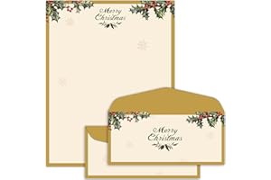 Lonfliness 50 Sets Vintage Christmas Holly Letterhead with Envelopes Christmas Border Computer Stationery paper for Note Letters to Santa Holiday Printer Paper Invitations Office School 8.5 x 11 In