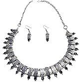 Onyx Stone Tribal Necklace with Earrings - Brass Jewelry Bridesmaid Set, Unique Ethnic Design, Ideal for Weddings, Festivals, & Special Occasions