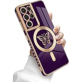 Newseego for Samsung Galaxy S21 Ultra 5G Magnetic Case, Cute Butterfly Luxury Plating Edge Case for Women Girls Men Soft TPU Shockproof Full Camera Protective Cover for Samsung Galaxy S21 Ultra-Purple