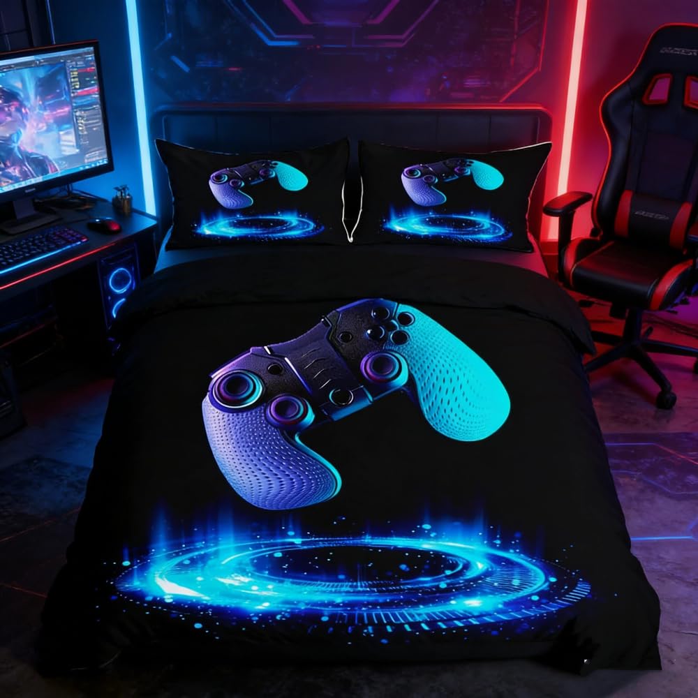 Loussiesd Boys Gamer Duvet Cover Video Game Gamepad Bedding Set for Kids Teens Adults Geometric Circle Comforter Cover Game Controller Bedspread Cover Bedroom Collection 3Pcs Double,Black,Blue