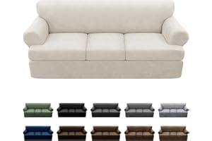 Pfrstuv 4-Pieces T Cushion Sofa Slipcovers Leather Look Couch Cover for 3 Cushion Couch Furniture Protector Stretch Sofa Cover with 3 Individual T Cushion Seat Covers Washable, Beige