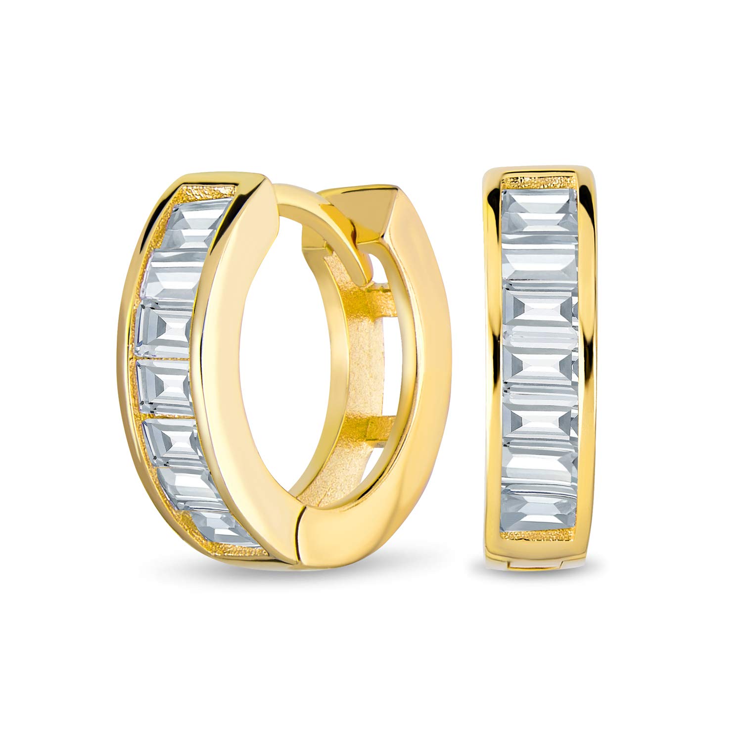 Bridal Classic Baguette Cut CZ Channel Set Kpop Huggie Hoop Earrings For Women Men Clear Cubic Zirconia Yellow Gold Plated .925 Sterling Silver