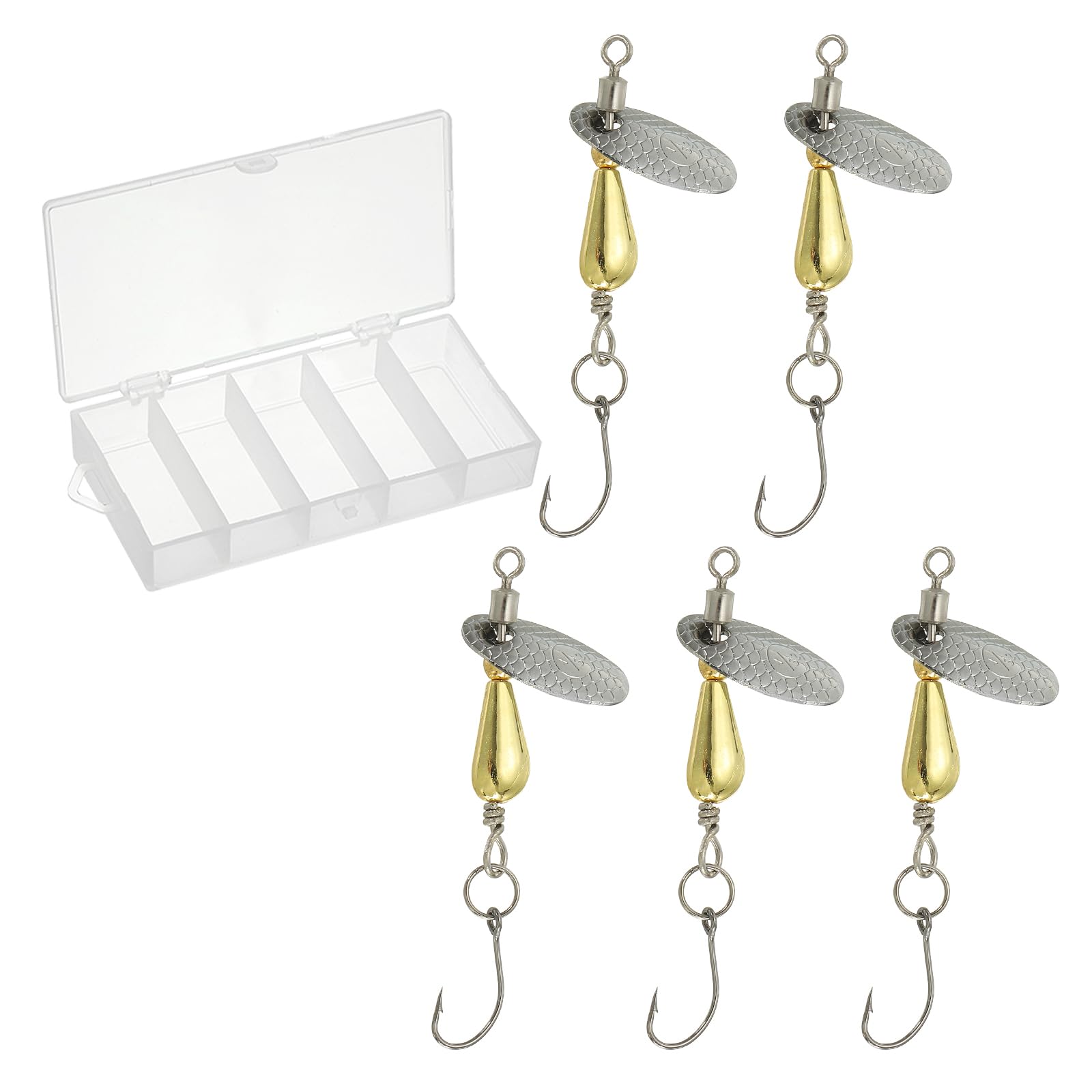 PATIKIL Spinners 1/10 oz, 5 Pack Single Hook Trout Lures Teardrop Inline Spinner with Tackle Boxes for Freshwater Saltwater Fishing, Gold Tone
