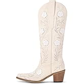 sexytag Women's Western Cowboy Wedding Boots Embroidered Floral Cowgirl Boots Wide Calf Pointed Toe Pull-On Mid-Calf Boot