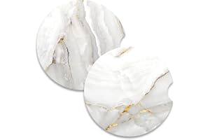 Nipichsha Car Coaster for Cup Holders, 2 Pack Absorbent Ceramic Car Cup Holder Coaster for Drinks, Cute Auto Assecories for Women, Universal Size 2.56 in with Finger Notch & Cork Base, White Marble
