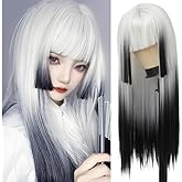 Swiking White to Black Womens Wig with Bangs Long Straight Silky Hair Wig Natural Heat Resistant Fiber Wigs for Cosplay Halloween Use