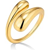 ALEXCRAFT Sterling Silver Rings for Women, 14K Goldplated Large Chunky Thick Teardrop Waterdrop Ring Hypoallergen Trendy Fashion Statement Ring Adjustable Curved Open Finger Thumb Rings for Women Men
