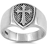 Sterling Silver Men's Solid Medieval Shield Cross Band Ring Sizes 6-13