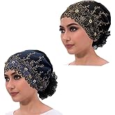 2pcs Floral Embroidered Turban Cap for Women Muslim Lady Wrap Head Bonnet African Female Headwrap Hijab Volumizer Cap