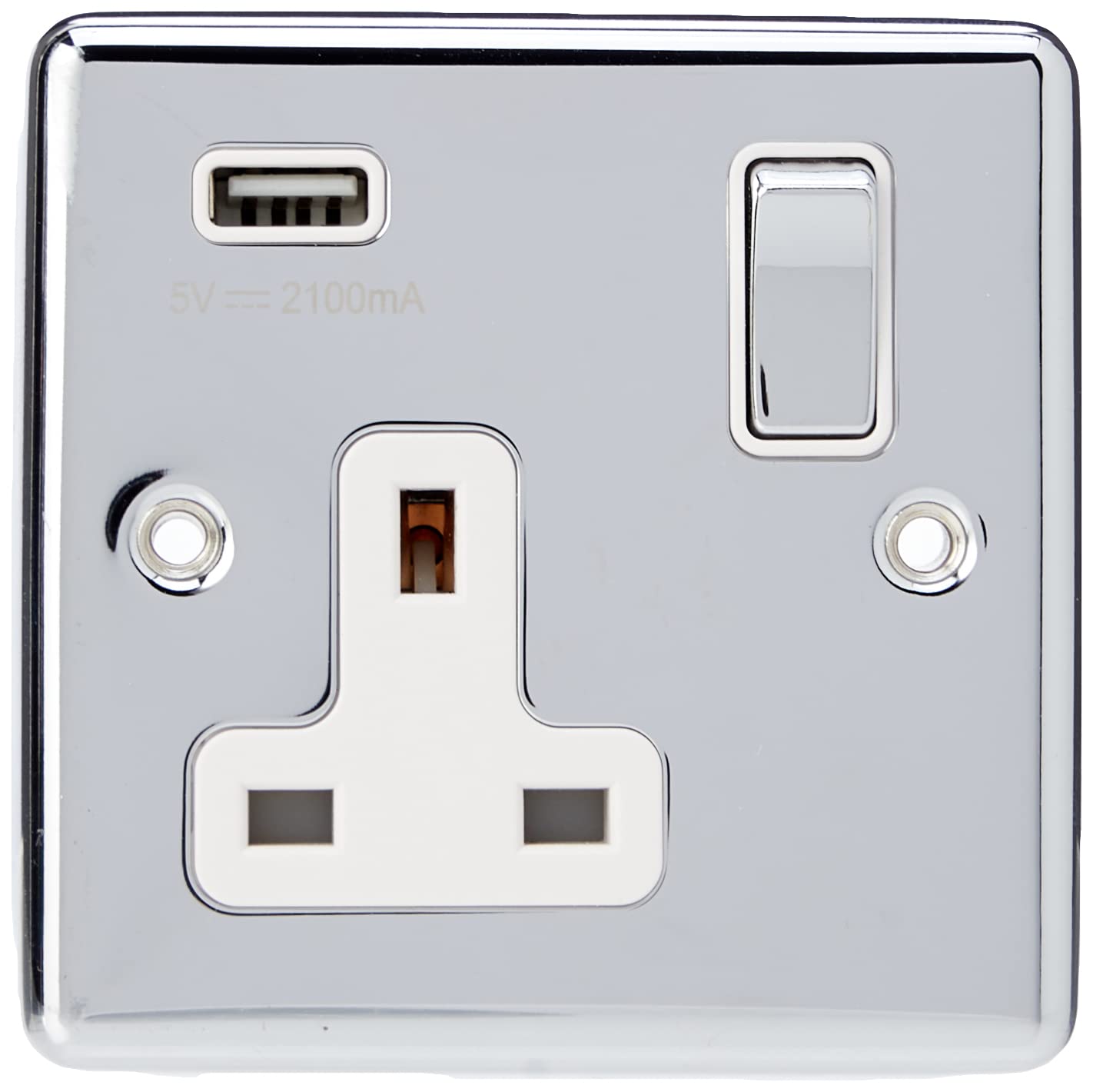 AET USBCPC1GSOCWC 13 A 1 Gang Classical Chrome Polished Single Plug Socket and USB Power Outlet with White Insert Metal Rocker