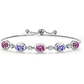 Gem Stone King 925 Sterling Silver Pink Created Sapphire and Blue Tanzanite Bracelet For Women | 4.20 Cttw | Gemstone September Birthstone | Oval 7X5MM | Fully Adjustable 9 Inch