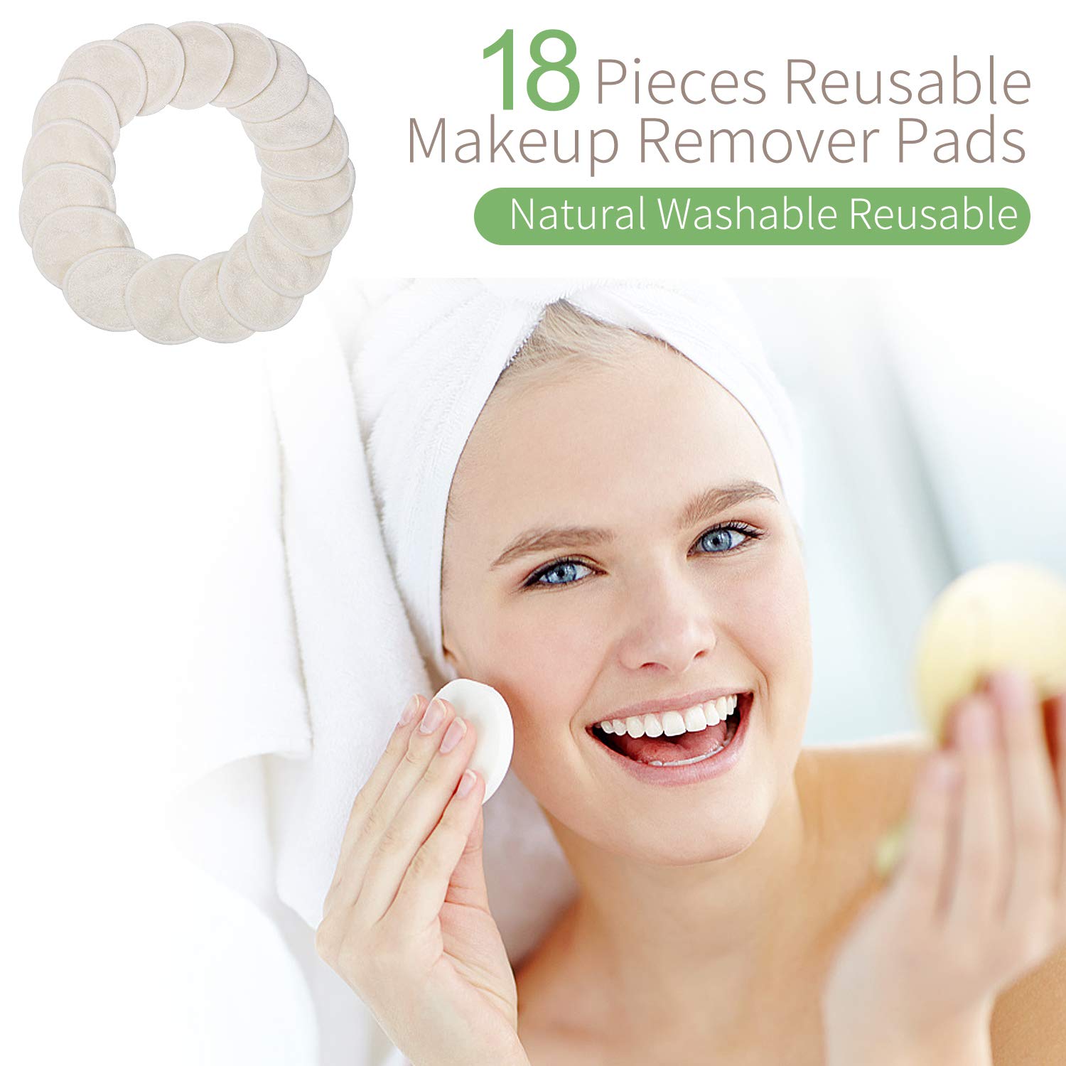 Reusable Makeup Remover Pads -18 Packs Washable Organic Cotton Rounds - Soft Natural Bamboo Face Pads - 2 Layers Facial Pads Cleansing Wipe Cloth with Laundry Bag (Bamboo Velour)
