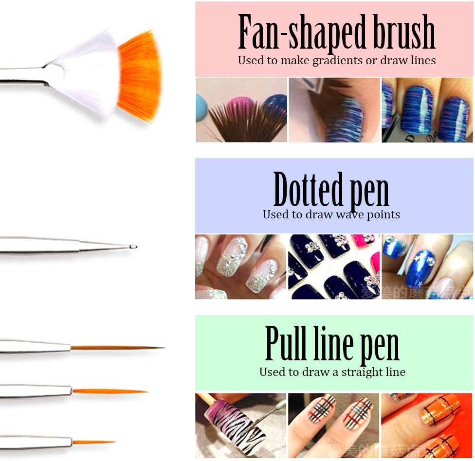 Nail Art Brushes, Teenitor 3D Nail Art Paiting Polish Design Kit with 15 Nail Gel Brushes, Nail Dotting Pen 5pcs, 12 Colors Nail Rinestones & 10 Adhesive Nail Striping Tape for False Acrylic Nails: Arts, Crafts & Sewing