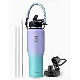 Trebo 32oz Insulated Water Bottle that Fits in Cup Holder, Stainless Steel Double Wall Tumbler Bottles with Paracord Handle, Flask with Straw Spout Lids, Keep Cold for 48 Hrs/Hot 24 Hrs,Cotton Candy