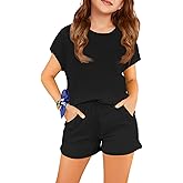 Haloumoning Girls Summer Outfits Casual Lounge Set Cap Sleeve T Shirt and Elastic Waist Shorts 2 Piece Clothing Sets