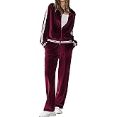 Ekouaer Women's Velvet Velor Tracksuits 2 Piece Lounge Outfits Zip Up Sweatshirt and Sweatpants with Pockets S-3XL