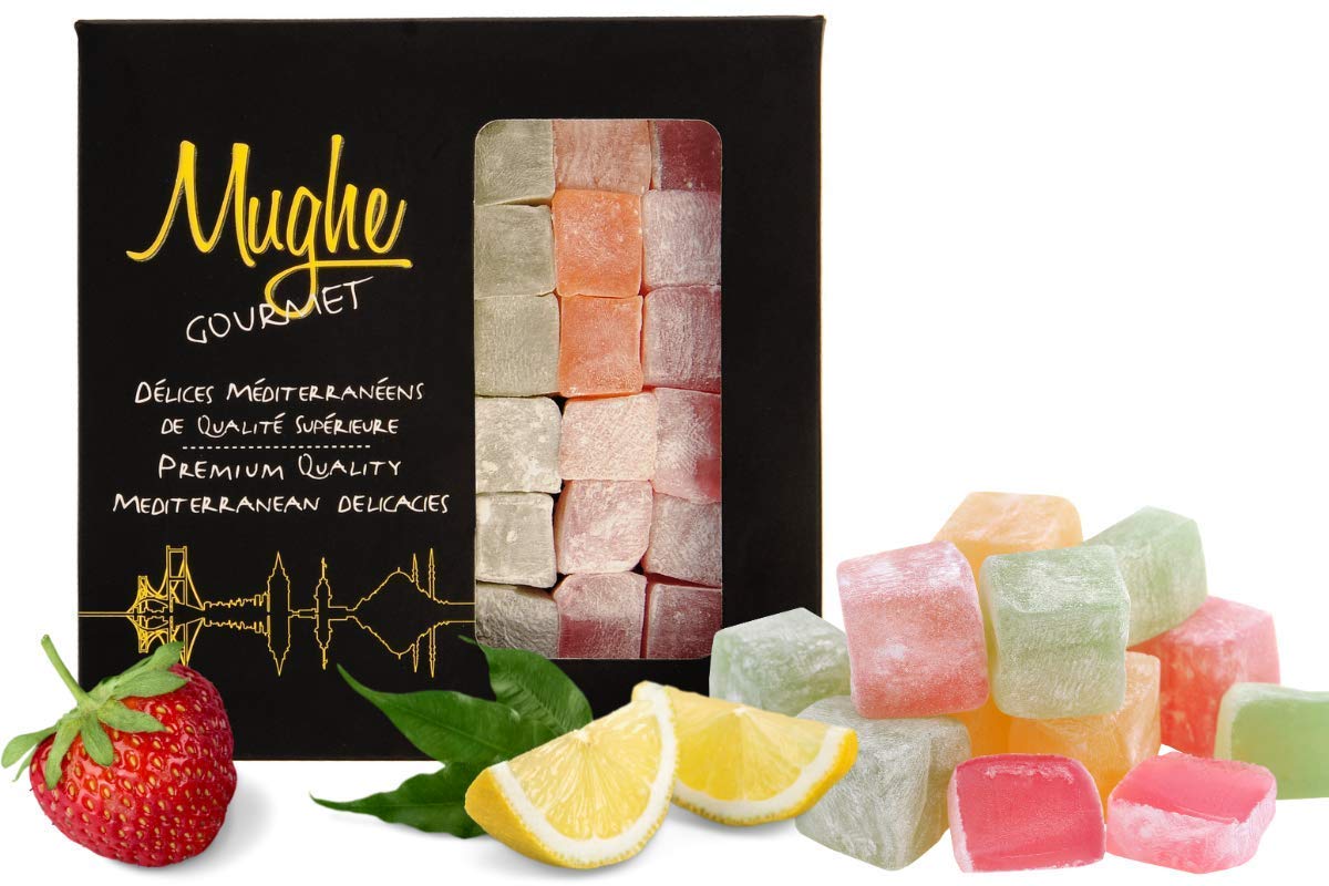 Mughe Gourmet Turkish Delight Candy Elegant Gift Box - 13.05oz/370g - Halal, Vegan Lokum Fruit Flavors Rose, Strawberry, Lemon, Orange, Mint - Gifts for Special Occasions, Father's Day, Birthdays