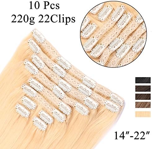 GEX 14-22" 220g 100% Human Hair Extensions Full Head Lace Clip In with 10 Separate Pieces (Total 22 Clips ) Silky Straight Remy Brazilian Hair Color60# Platinum Blonde 22"