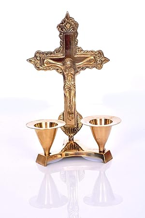 Onvay Christian Lord Jesus Cross Sign Brass Statue with Candle Stick Holder